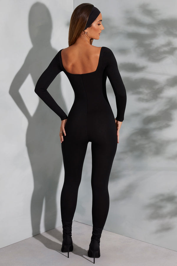 Square Neck Long Sleeve Jumpsuit in Black
