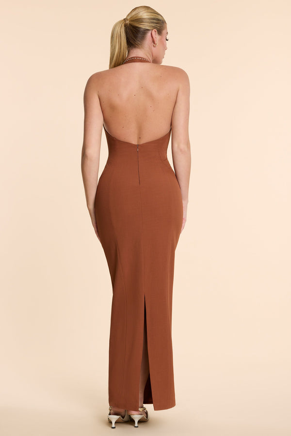 Woven Twill Halter Neck Plunge Maxi Dress in Chestnut Brown