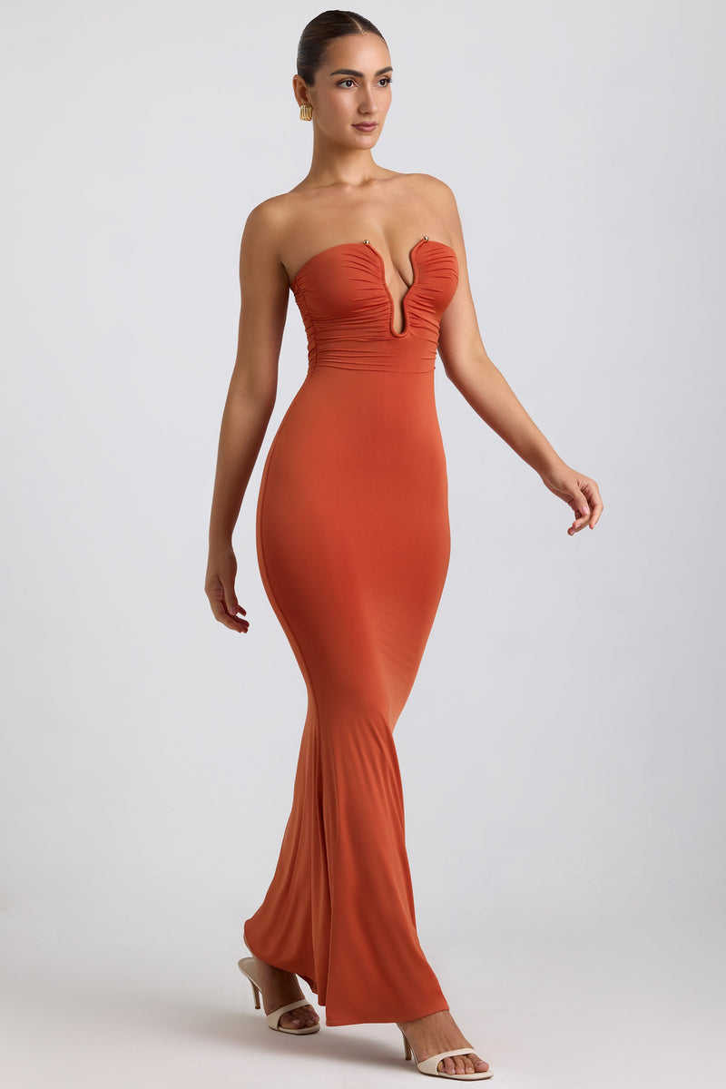 Slinky Jersey Hardware Detail Strapless Maxi Dress in Burnt Orange