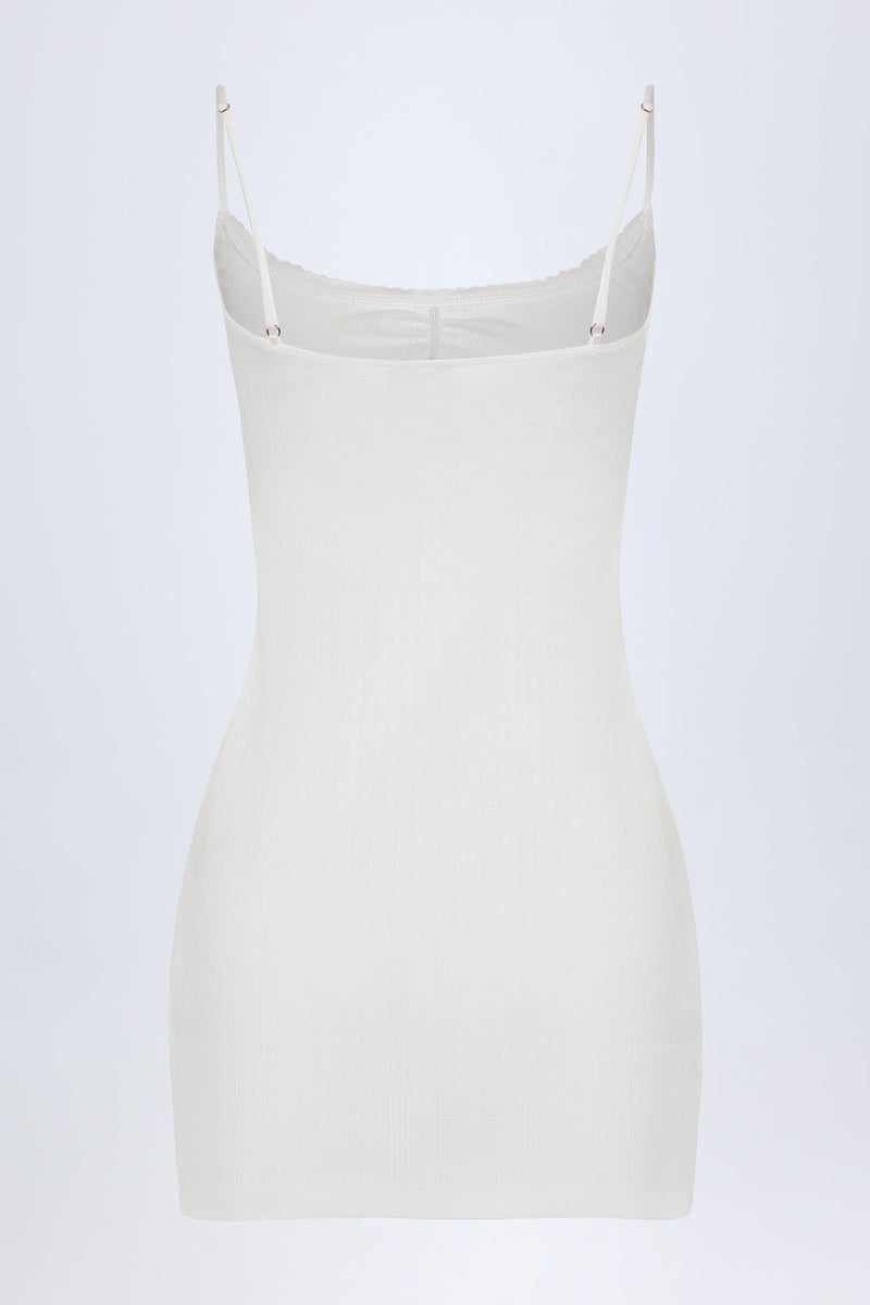 Pointelle Ruched A-Line Mini Dress in White