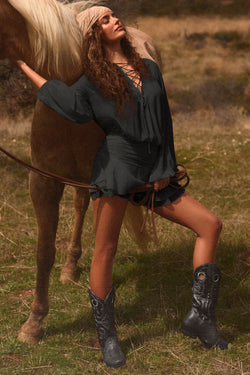 Lace-Up Balloon-Sleeve Mini Dress in Black