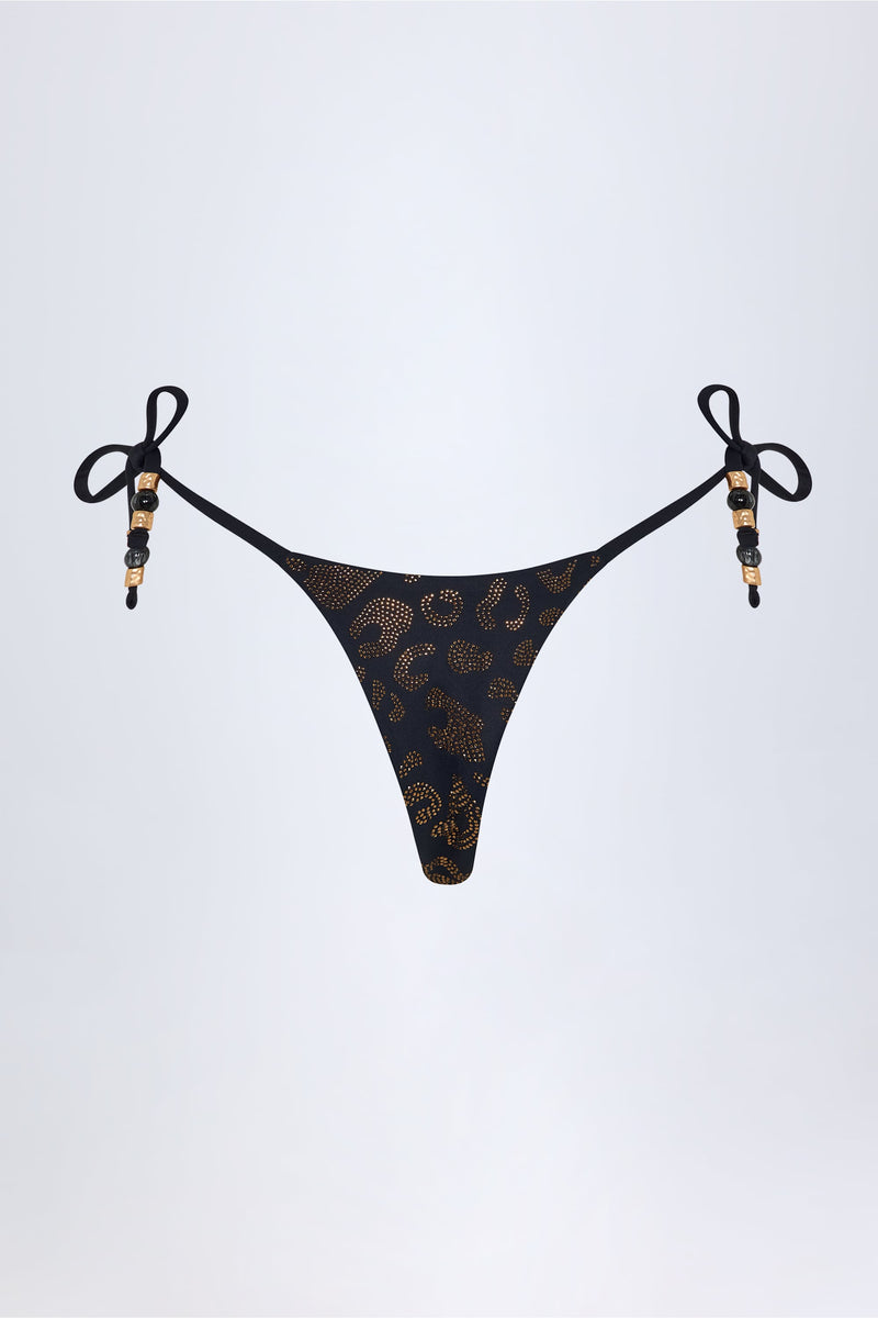Side-Tie Bead Thong Bikini Bottoms in Black Leopard Hotfix