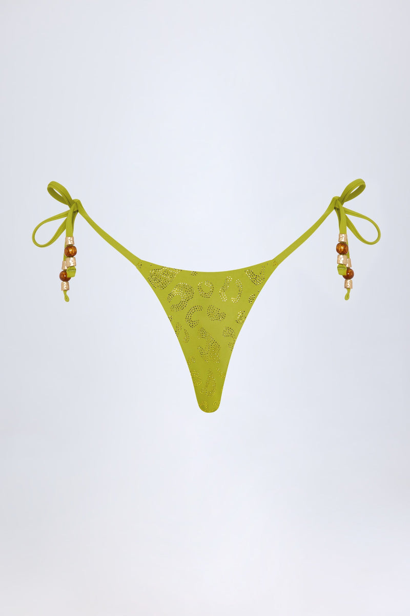 Side-Tie Bead Thong Bikini Bottoms in Olive Leopard Hotfix