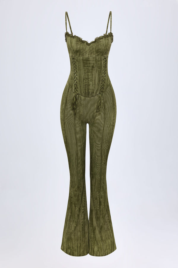 Lace-Up Ruffled Flared Jumpsuit in Green Print