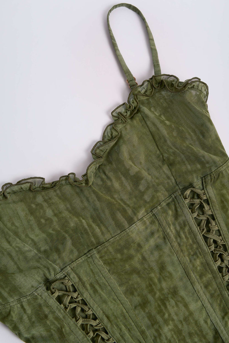 Lace-Up Ruffled Flared Jumpsuit in Green Print
