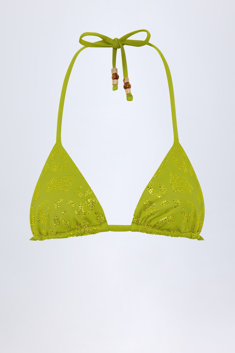 Bead-Detail Triangle Bikini Top in Olive Leopard Hotfix