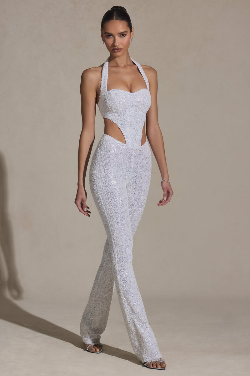 Embellished Cut-Out Jumpsuit in White
