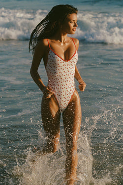 Charm-Detail Cross-Back Swimsuit in Cherry Print