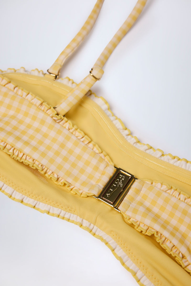 Ruffled Bandeau Bikini Top in Yellow Gingham