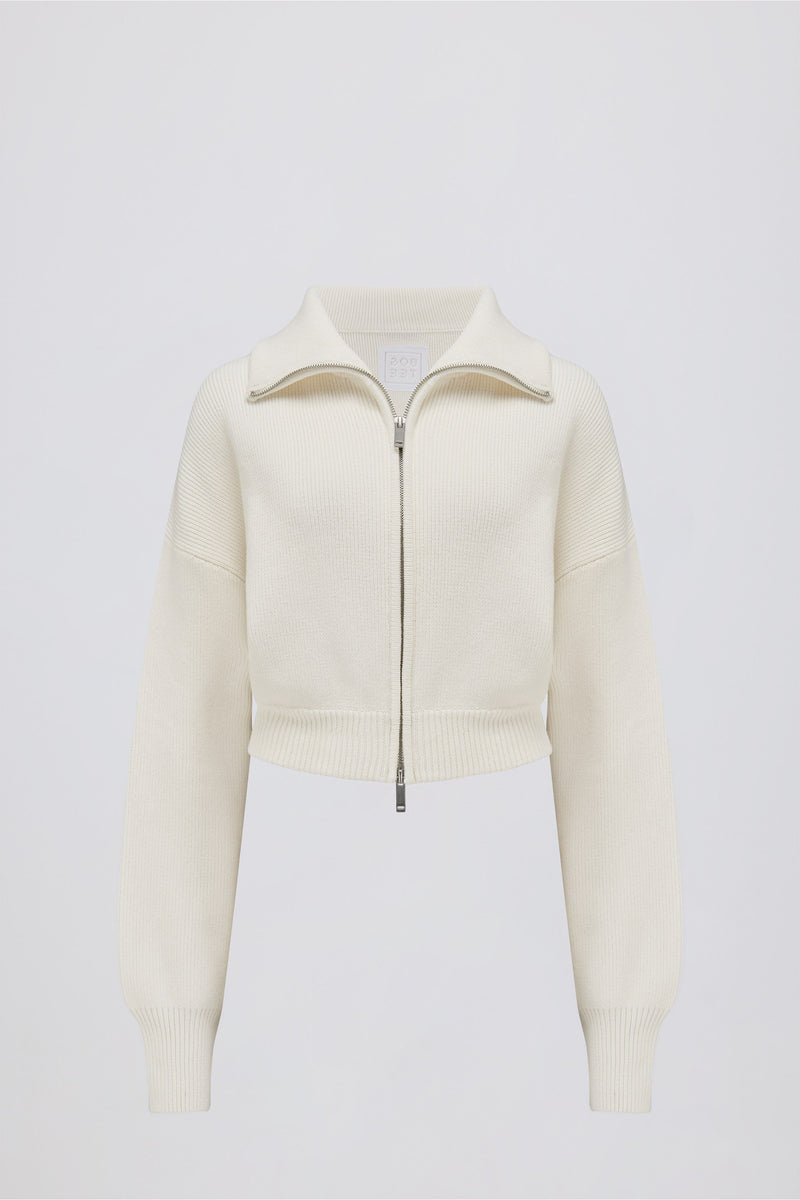 Ribbed-Knit Cropped Zip-Up Sweatshirt in Ivory