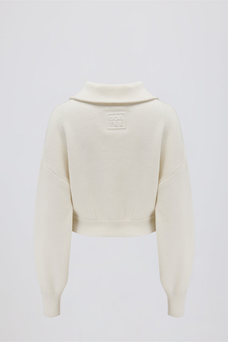 Ribbed-Knit Cropped Zip-Up Sweatshirt in Ivory
