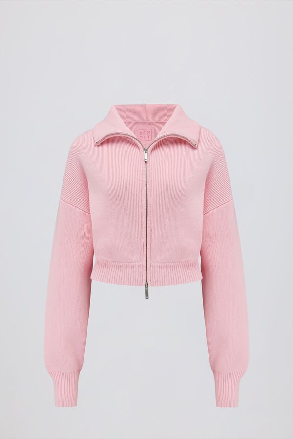 Ribbed-Knit Cropped Zip-Up Sweatshirt in Pale Pink