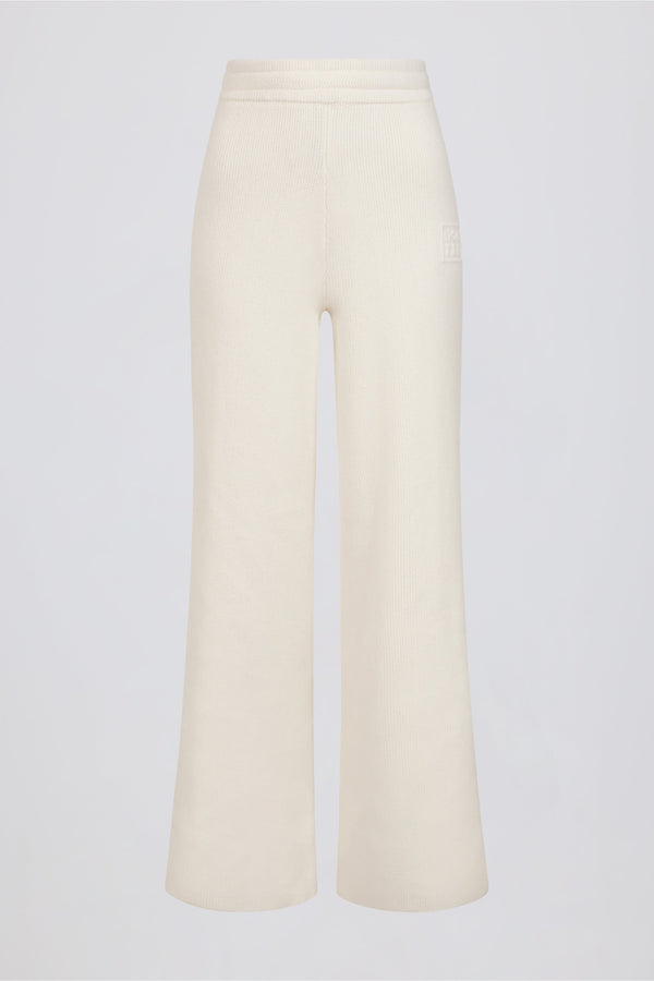 Ribbed-Knit Wide-Leg Joggers in Ivory