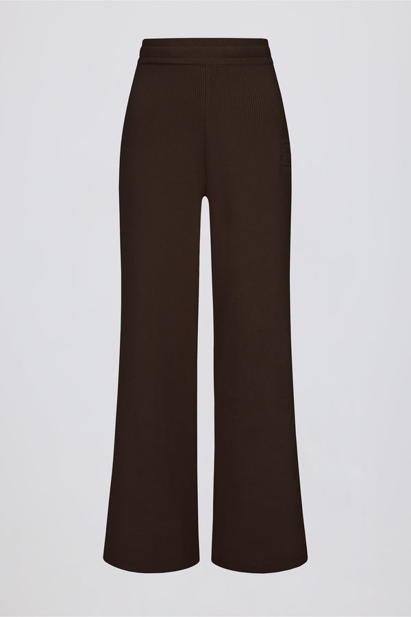 Ribbed-Knit Wide-Leg Joggers in Pecan