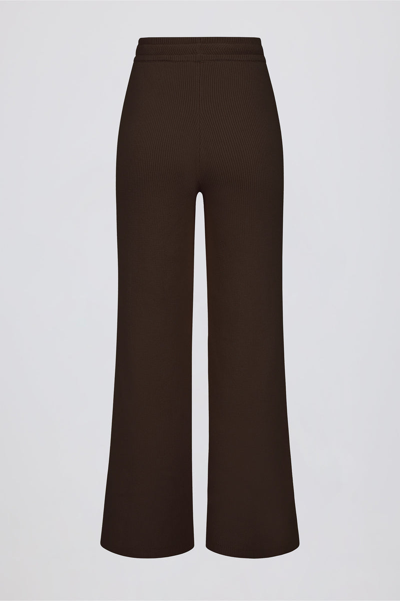 Ribbed-Knit Wide-Leg Joggers in Pecan