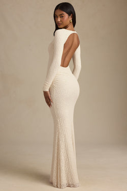 Ruched Backless Lace Maxi Dress in Ivory