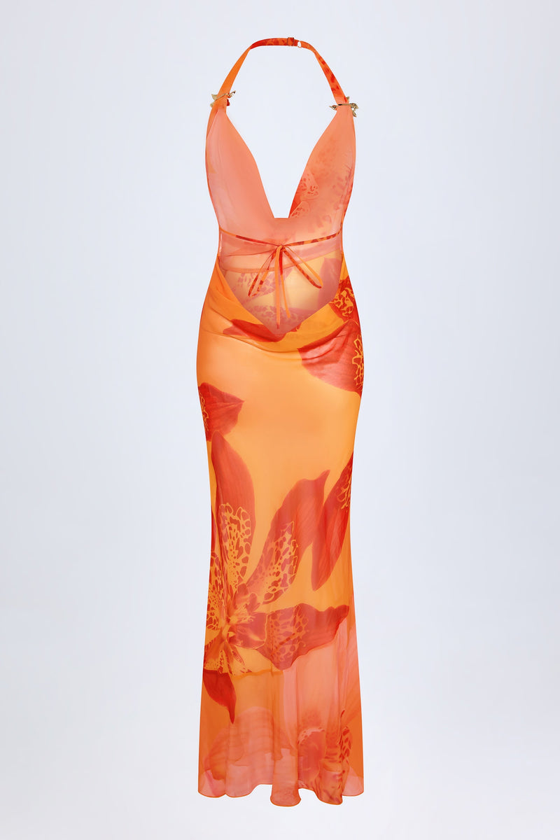 Cowl-Neck Hardware-Detail Maxi Dress in Orange Orchid Print