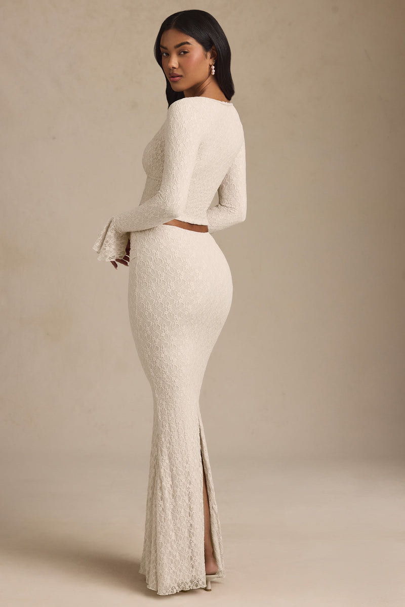 Draped Low-Rise Lace Maxi Skirt in Ivory