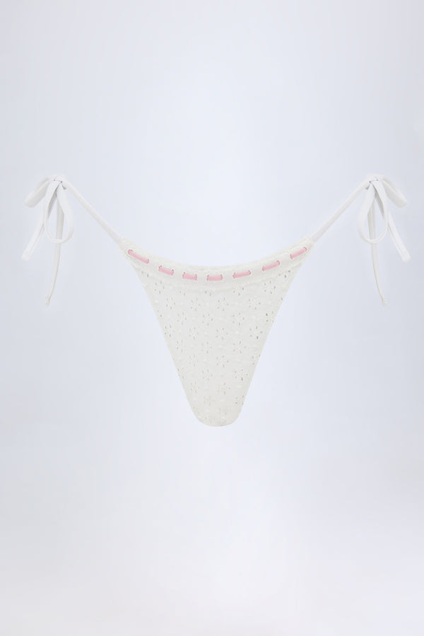 Broderie Anglaise Side-Tie Thong Bikini Bottoms in White